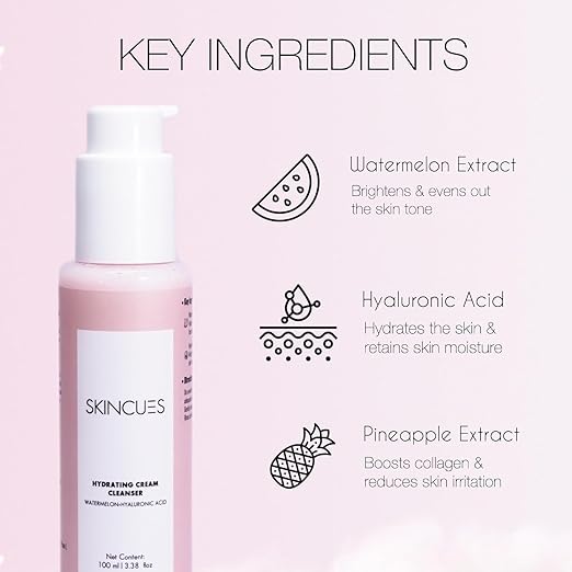 Skincues Hydrating Cream Cleanser For All Skin Types | 100 ML | Enriched with Watermelon extracts & Hyaluronic Acid | Cream to Face Cleanser For Glowing & Refreshing Skin