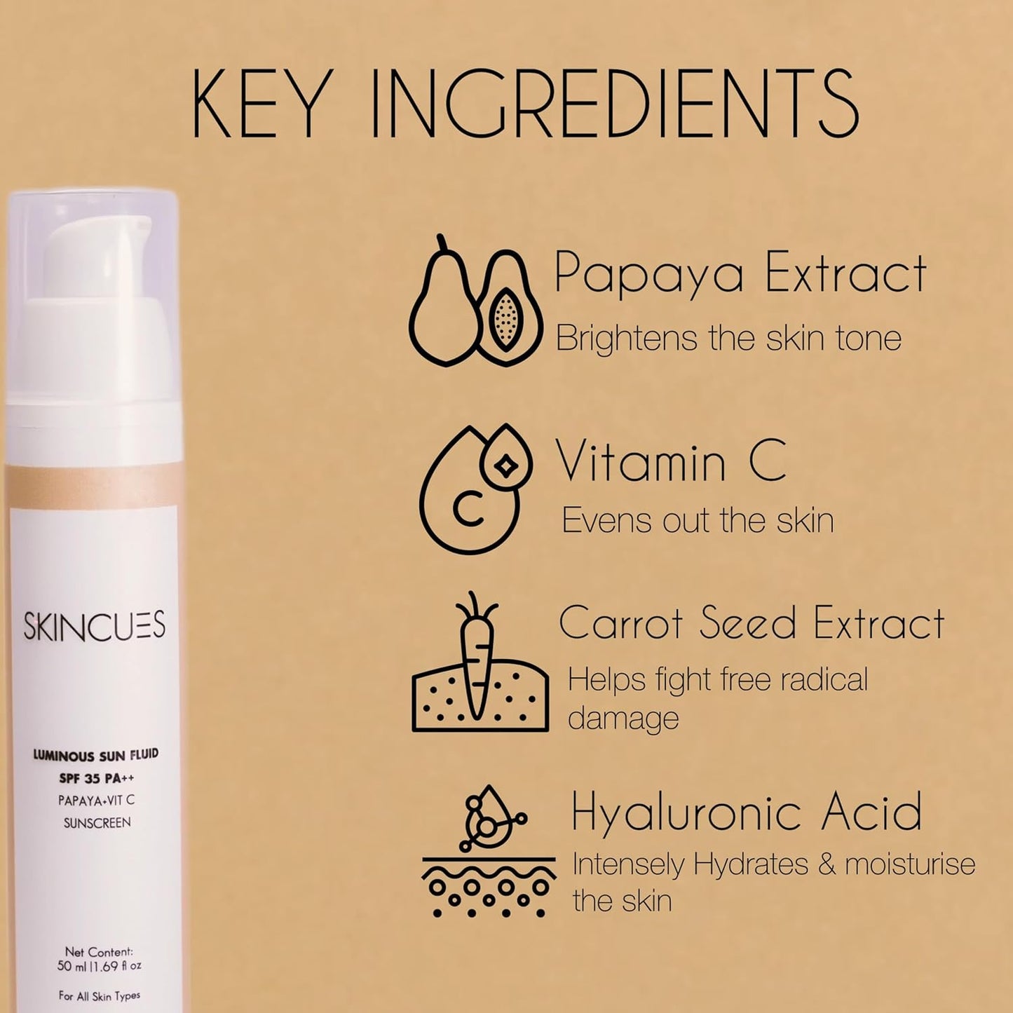 Skincues Luminous Sun Fluid SPF 35 PA++ | Sunscreen for All Skin Types | Papaya-Vit C Sunscreen | Ultimate Sun Protection | 50 ML