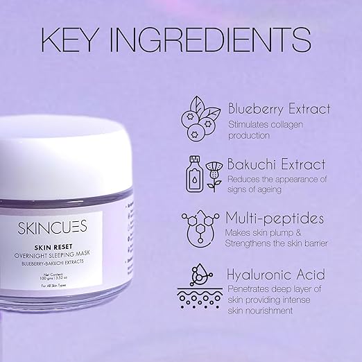 Skincues Skin Reset Overnight Sleeping Mask |100 gms | Blueberry Bakuchi Extracts | Night Cream for glowing skin & Nourishing face | For All Skin Types