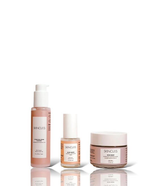 The Night Routine| Skincues Hydrating Cream Cleanser 100 ml, Glow Drops 30 ml, Skin Rest Overnight Sleeping Mask 100 gms